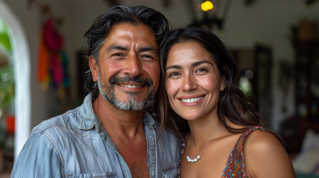 A man and a woman are smiling at the camera. The man is wearing a blue shirt and the woman is wearing a necklaceの素材