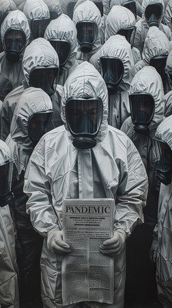 A group of people in white protective suits holding a newspaper with the headline Pandemic. Concept of fear and uncertainty about the current situationの素材