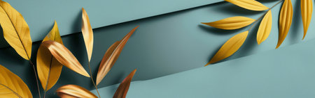 A blue background with yellow leaves and a white lineの素材