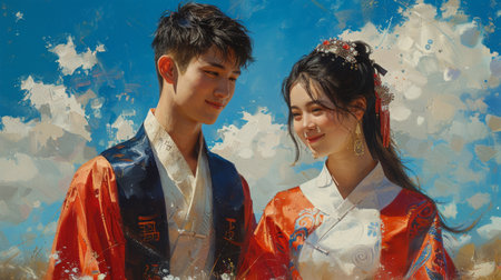 A couple in traditional Chinese clothing are smiling at the camera. The woman is wearing a red and white dress and the man is wearing a blue and white robeの素材