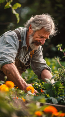 A senior man with a white beard is tending to flowers in his garden on a sunny day. He is wearing a blue shirt and brown overalls and is focused on the task at hand. The flowers in the garden are a variety of bright colors, and the overall image is one of peace and tranquility.の素材