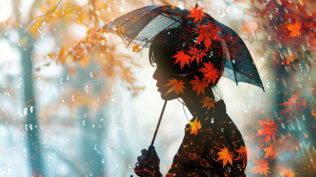 This image depicts a woman walking in the rain during autumn. She is holding a black umbrella above her head as she walks through a forest. The leaves on the trees are turning a vibrant red and orange, and the rain is falling in gentle droplets.の素材