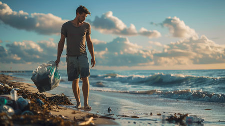 A man walks along a sandy beach, holding a plastic bag filled with trash he has collected. The ocean waves lap at the shore behind him, and the sky is a beautiful blend of blue and orange as the sun sets in the distance. The image captures the importance of environmental responsibility and the need to clean up our beaches.の素材