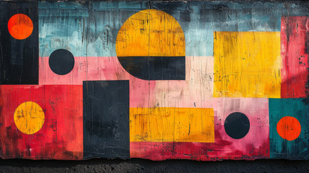 A close-up shot of a colorful geometric mural painted on a wall. The mural features various shapes and colors, including circles, squares, and rectangles in red, yellow, black, and blue. The paint is slightly weathered, giving the mural a vintage look.の素材
