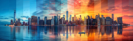 A panorama image of the New York City skyline at sunset, showing a variety of hues across the sky, from deep blues to vibrant oranges and reds. The citys iconic skyscrapers are silhouetted against the colorful sky, and the water reflects the sunsets colors. A small boat is seen in the foreground, adding to the picturesque scene.の素材