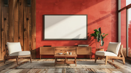 This image showcases a modern living room interior design featuring a red wall, wooden accents, and a large blank picture frame. Two white armchairs face a wooden coffee table and an entertainment center with woven doors. Sunlight streams through the large windows, illuminating the space with a warm glow.の素材