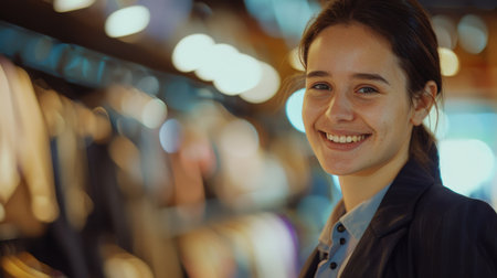 A young woman with long brown hair smiles brightly at the camera while standing inside a brightly lit retail store at night.の素材