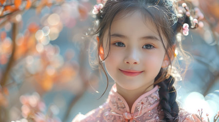 A young girl wearing a pink dress and a flower headband is smiling. The image has a warm and cheerful moodの素材