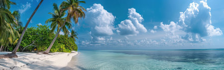 A stunning tropical beach scene. The focus is on the lush palm trees that line the white sandy shore and frame the vast blue sky filled with fluffy white clouds. The turquoise water of the ocean stretches out to the horizon, inviting relaxation and exploration.の素材