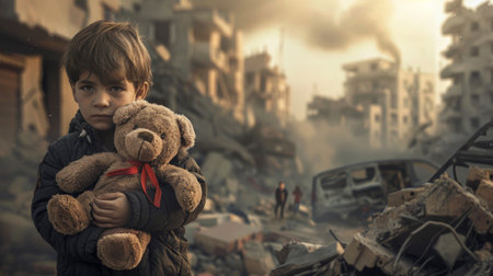 A boy is holding a teddy bear in a city that is destroyed. Scene is sad and hopelessの素材