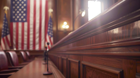 A wooden bench with a microphone and a flag behind itの素材