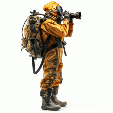 A man in a yellow suit with a backpack and a camera is taking a picture. The scene is set in a hazardous environment, and the man is wearing a hazmat suit to protect himselfの素材