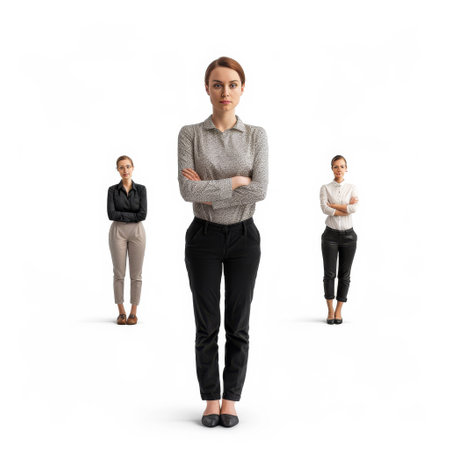 Three women are standing in a line, all wearing business attire. One of the women is wearing a black skirt and black pants, while the other two are wearing white pantsの素材