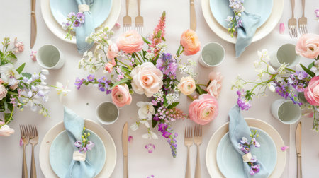 A close-up overhead view of a beautifully decorated table setting. The white tablecloth is adorned with a floral centerpiece of pink and purple flowers. Each place setting features a white plate, a light blue plate, a light blue napkin tied with a small flower, and gold silverware.の素材