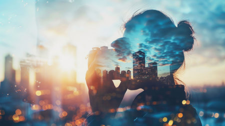 A woman stands in front of a window with a city skyline in the background. The sun is setting, casting a warm glow over the cityscape. The woman is holding a camera and taking a photo of the cityscape. The image is composed using a double exposure technique, with the city skyline superimposed on top of the woman's silhouette.の素材