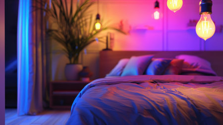 A modern bedroom with a bed dressed in white bedding. The room is bathed in colorful lighting from various lamps, creating a cozy and inviting atmosphere. A plant sits on a nightstand near the bed.の素材