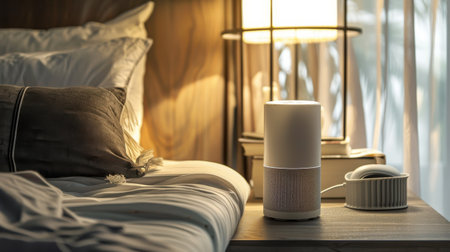 A white air purifier sits on a nightstand next to a bed with white and brown pillows. A lamp with a white lampshade is on the nightstand behind the air purifier. A white, textured object is sitting on the nightstand near the air purifier. The bedroom is dimly lit, with soft light coming from the lamp and curtains.の素材