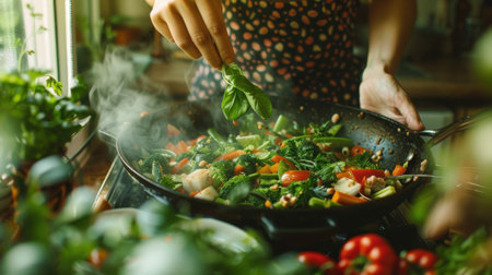 A person carefully adds fresh basil leaves to a skillet of steaming, sauteed vegetables. The skillet is on a stovetop, and there are other vegetables in the background. The person's hand is visible, and they are wearing a patterned shirt.の素材