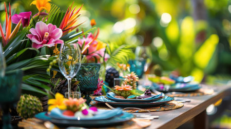 A vibrant and colorful tropical floral centerpiece graces a wooden table, surrounded by turquoise plates and glasses, creating a captivating outdoor dining setting. The lush greenery and blooming flowers, along with the warm sunlight filtering through the foliage, create a serene and inviting atmosphere.の素材