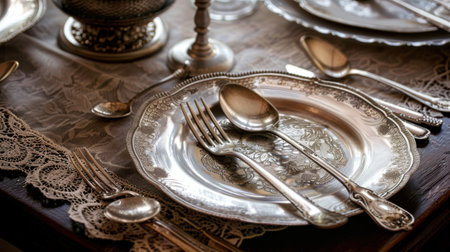 A close-up shot of a silver plate with ornate engravings set on a brown lace tablecloth, a fork and spoon are resting on the plate, with other pieces of silverware visible in the background.の素材