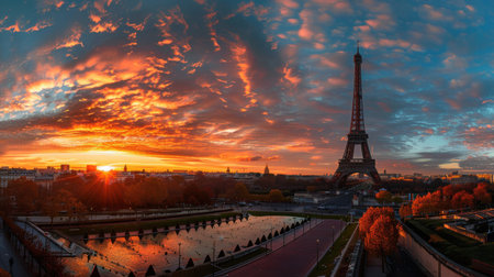 A panoramic view of the Eiffel Tower in Paris, France, silhouetted against a vibrant sunrise. The sky is ablaze with hues of orange, red, and pink, while the cityscape below is bathed in the golden light of the rising sun. Trees in the foreground are starting to turn autumnal colors.の素材