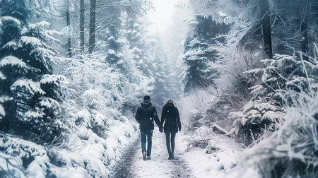 A couple walks hand-in-hand along a snow-covered path in a winter forest. The trees are heavily laden with snow, creating a magical atmosphere.の素材