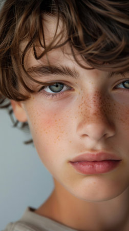 The image shows the close-up portrait of a young boy with brown, wavy hair. The boy has a fair complexion with freckles and is looking directly at the camera with a serious expression.の素材
