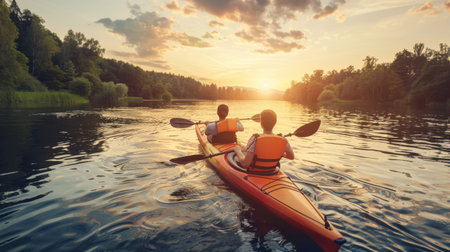 Two people kayak down a river as the sun sets behind a line of trees. The water is calm and the sky is a mix of orange, pink, and blue. The kayakers are wearing life jackets and paddling with their oars.の素材