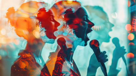 A group of friends are having a fun night out at a nightclub, singing karaoke and enjoying each other's company. The woman in the foreground is singing with passion into a microphone, while her friends sing along in the background. The image is lit with colorful spotlights and flashing lights, creating a lively and festive atmosphere.の素材