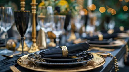 A close-up view of a black and gold table setting with a black napkin resting on a plate. The napkin is adorned with a golden ring. Golden candlesticks are visible in the background, adding to the elegant ambiance of the scene.の素材