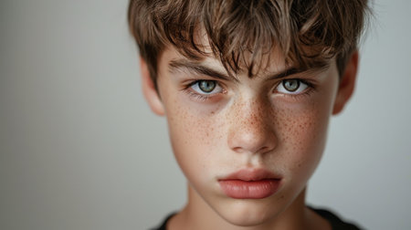 A young man with light brown hair, freckles, and blue eyes looks directly at the camera. He has a serious expression on his face. The background is a simple, plain, light gray.の素材