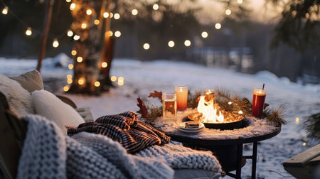 A fire crackles in a metal fire pit surrounded by a blanket of snow and twinkling lights. Warm drinks sit on a table beside the flames, while a cozy blanket rests on a nearby chair, inviting relaxation.の素材