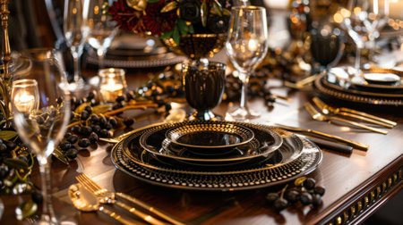 A beautifully arranged table setting black features and gold dinnerware, sparkling wine glasses, and a centerpiece of dark red flowers. The table is adorned with black and gold grapes and candles, creating a sophisticated and inviting atmosphere for a special occasion.の素材