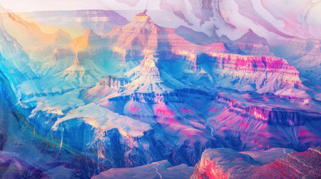 A panoramic view of the Grand Canyon at sunset, with vibrant hues of pink, purple, and blue illuminating the layered rock formations.の素材