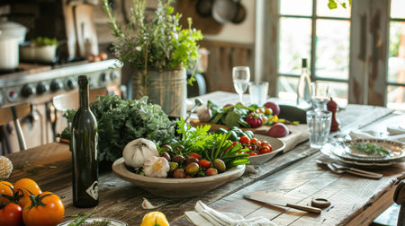 A wooden table set for a meal is laden with fresh produce including tomatoes, garlic, and herbs, along with a bottle of wine. The table is set with plates, silverware, and glasses. The background shows a rustic farmhouse kitchen with a window overlooking the outdoors.の素材