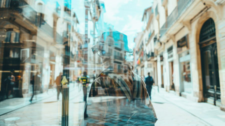 A person wearing a hat and sunglasses walks down a city street. Their reflection is visible in the storefront window, and the city buildings are blurred in the background.の素材