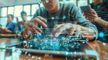 A young student sits at a desk in a classroom, using a digital tablet with an augmented reality interface that displays holographic information and icons. Other students are present in the background, also engaged with technology.の素材