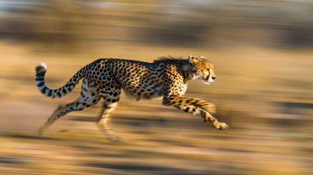A cheetah with a spotted coat runs at full speed through tall grass in the African savanna. The sun is low in the sky, casting a golden light on the scene, creating a blurred effect.の素材