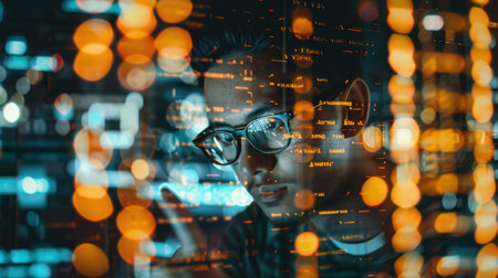 A man wearing glasses sits in front of a computer screen, his eyes intently focused on the screen. The screen displays code or text, with a background of blurred lights, creating a sense of late-night work or concentration. The man's face is partially obscured by the screen, but his focused expression is evident.の素材