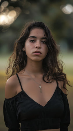 A young woman with long brown hair stands with a serious expression, wearing a black off-the-shoulder top. Her hair is styled in loose waves, and she is wearing a thin silver necklace. The background is blurred, suggesting a natural outdoor setting.の素材