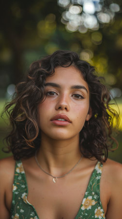 A young woman with dark, curly hair is wearing a green floral sundress. She looks directly at the camera with a neutral expression. The background is a blurred green, possibly a forest or park.の素材