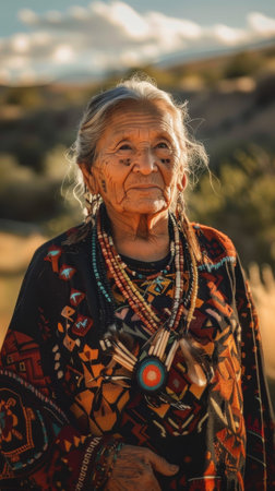 A Native American woman wearing traditional clothing stands in a field. She has gray hair and is wearing multiple beaded necklaces. The sun is setting behind her, casting a warm glow on her face.の素材