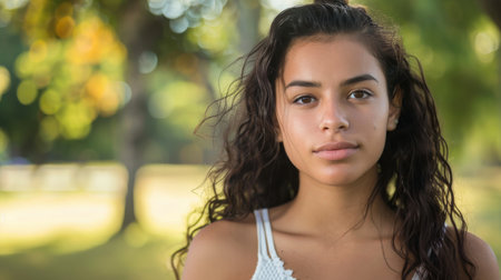 A young woman with long, dark wavy hair looks directly at the camera. She is wearing a white tank top. The background is blurred, showing green foliage and out of focus trees.の素材