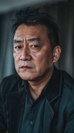 A man with short, dark hair is wearing a dark jacket and staring intently at the camera. The image is shot from a slightly low angle, focusing on his face and upper chest. The background is a dark, blurred out-of-focus wall.の素材