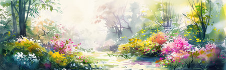 A watercolor painting depicts a sunlit forest path lined with blooming flowers. The path leads through a lush green forest with trees and bushes on either side. The light is soft and diffused, creating a sense of peace and tranquility. The flowers are in full bloom and add pops of color to the scene.の素材