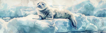 A young seal lies peacefully on a large piece of ice in the Arctic Ocean. The seal is white and gray with dark eyes, and its flippers are stretched out beside it. The background is a soft, blue and white watercolor wash, with some open water visible in the lower right corner of the image.の素材