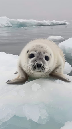 A white baby seal with dark eyes and a black nose rests on an ice floe in the Arctic Ocean. The seal's fur is clean and white, and it is looking directly at the camera. The background is a vast expanse of ocean and ice.の素材