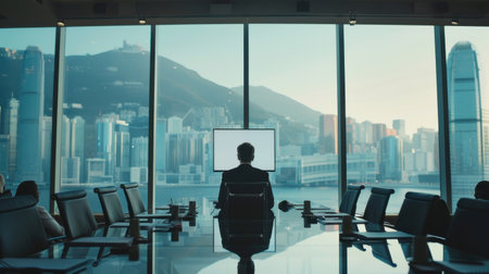 A lone businessman sits at the head of a conference table in a modern office. He faces a large screen, while outside the panoramic windows, a vibrant Hong Kong cityscape stretches across the horizon, bathed in the soft light of dawn.の素材