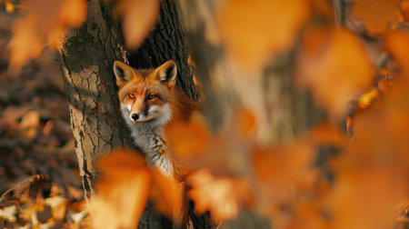 A red fox is peeking out from behind a tree trunk, partially concealed by vibrant orange leaves. Its fur blends seamlessly with the autumn foliage, creating a sense of mystery and intrigue. The fox's sharp eyes are focused on something beyond the frame, suggesting an alert and watchful presence.の素材