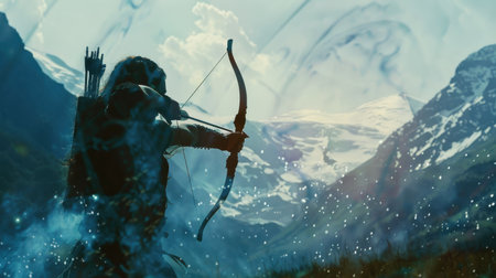 A silhouetted archer stands on a mountainside, aiming their bow towards a snowy landscape in the distance. Snowflakes fall around them, and a faint blue glow emanates from the mountain peaks.の素材